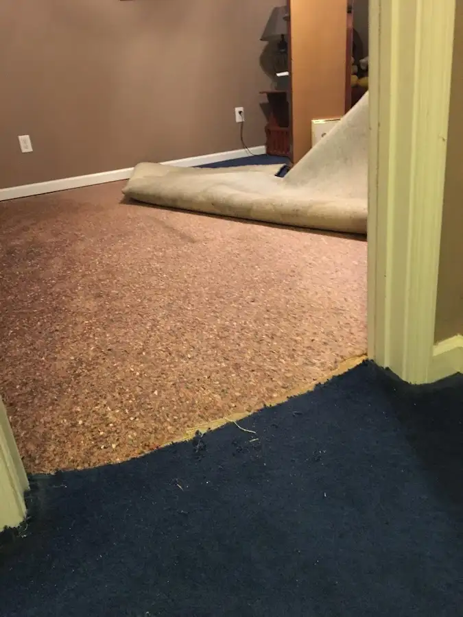 Carpet pad removal revealing water damage during Drying & Dehumidification in Dodgeville